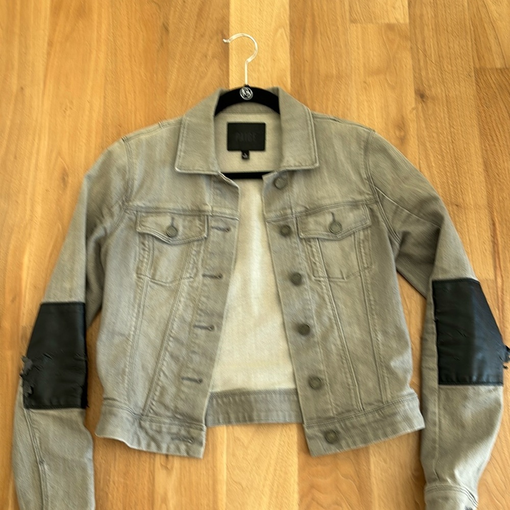 Paige gray jean jacket with leather elbow patches